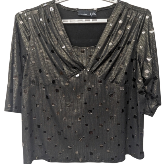 Java Tops - Java 3X (26/28) Black Shimmer Blouse With Gold Threads And Ice-like Decals